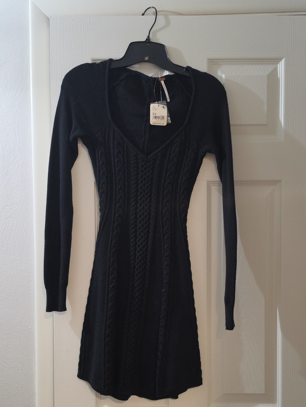 Free People Black Cable-Knit V-Neck Long Sleeve Dress